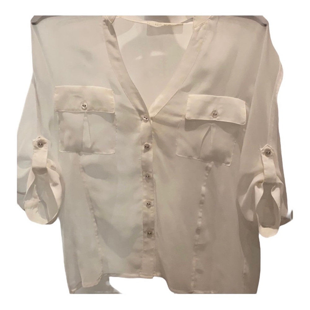 White sheer button up 3/4 sleeve blouse - Picture 2 of 4